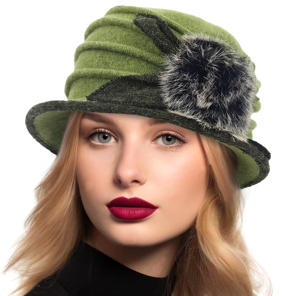 2883 Women Vintage Felt Bucket Hat Winter Wool Dress Beret Hat (c030-green)